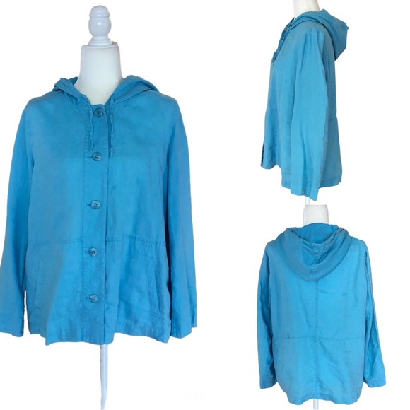 J Jill Womens 100% Linen Jacket Aqua Teal Hooded Pockets Lightweight Size Medium - Picture 11 of 11